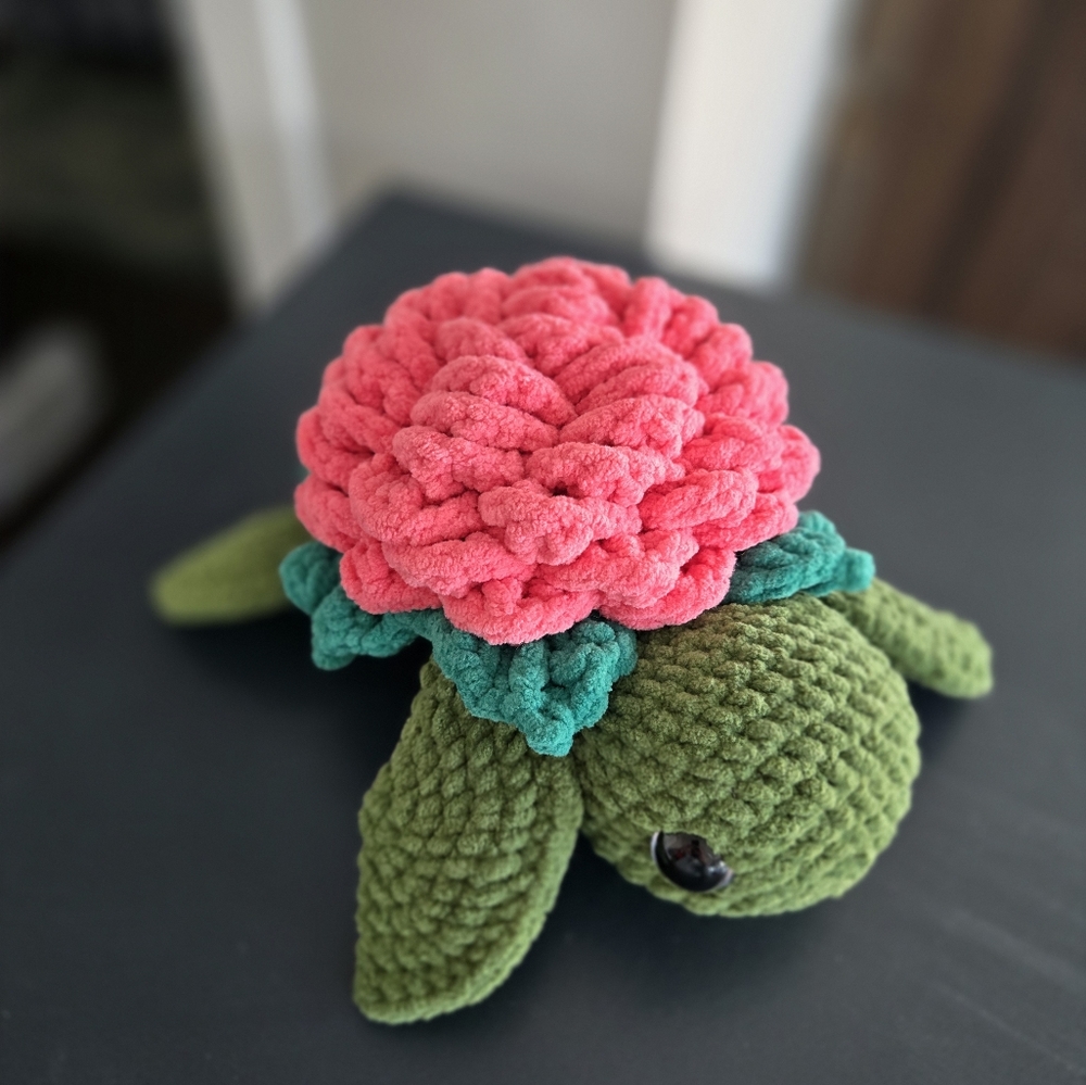 Handmade Crochet Turtle Plush with Pink Rose Shell
